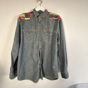Territory Ahead Jeans Men's Patchwork Long Sleeve Button Up Shirt Blue Large